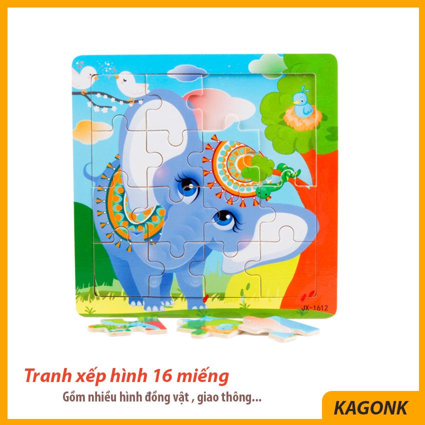 Đồ chơi tranh ghép hình gỗ 16 miếng - hình động vật giao thông chữ cái - Đồ chơi xếp hình Kagonk 281019
