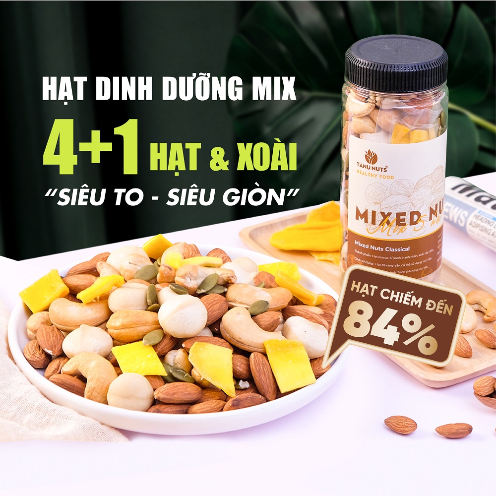 Hạt dinh dưỡng mix 5 TANU NUTS hũ 350g ngũ cốc granola mix hạt hạnh nhân, điều, bí xanh, macca, xoài sấy tốt cho bà bầu, bé.