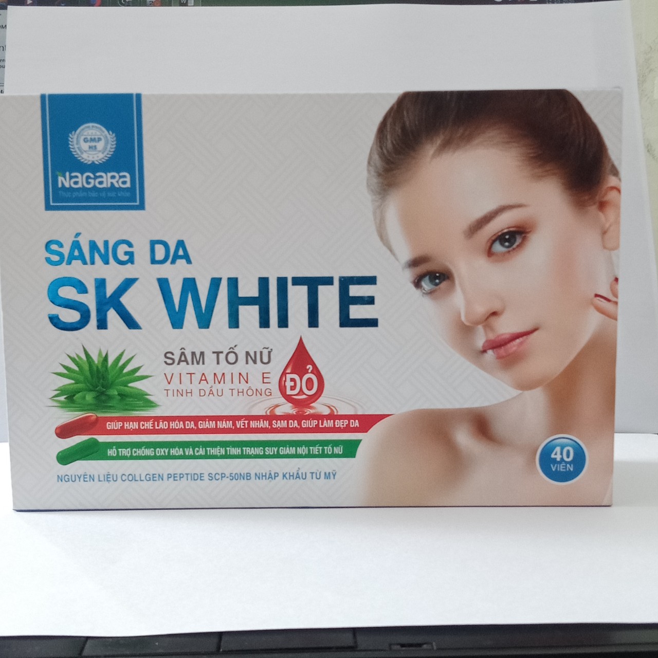 Làm đẹp da, mờ thâm nám, tàn nhang, tăng cường nội tiết tố nữ - Viên uống Sáng da SK WHITE - Hộp 2 lọ