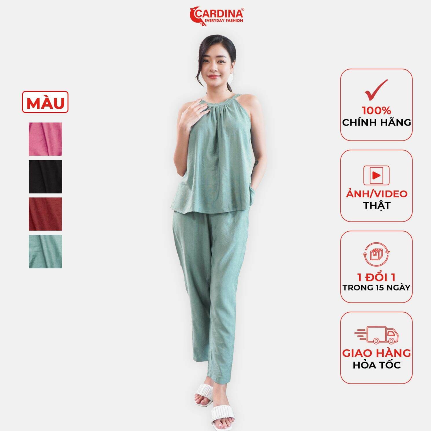  Đồ bộ Nữ CARDINA Chất Đũi BamBoo Xước Cao Cấp Set Rời Quần Baggy Basic Áo Cổ Yếm Quyến Rũ 2AF03-2Q03 