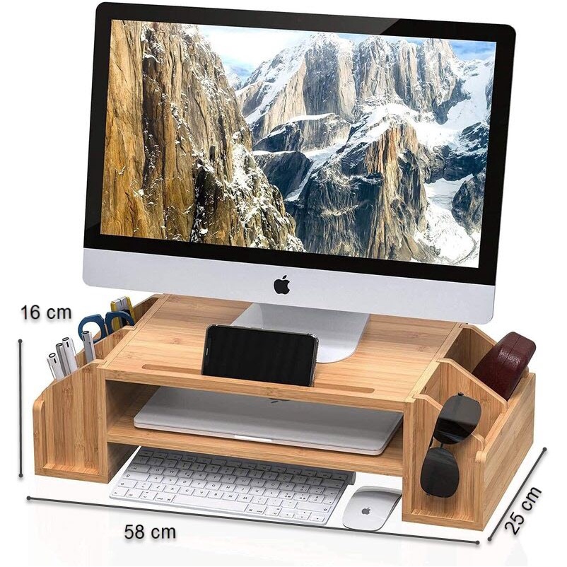 Kệ gỗ để màn hình máy tính fansi.mosta-010 | d58 x r25 x c16cm | nâng màn hình lên đến 16cm | giảm đau mỏi cổ | giúp bàn làm việc gọn gàng