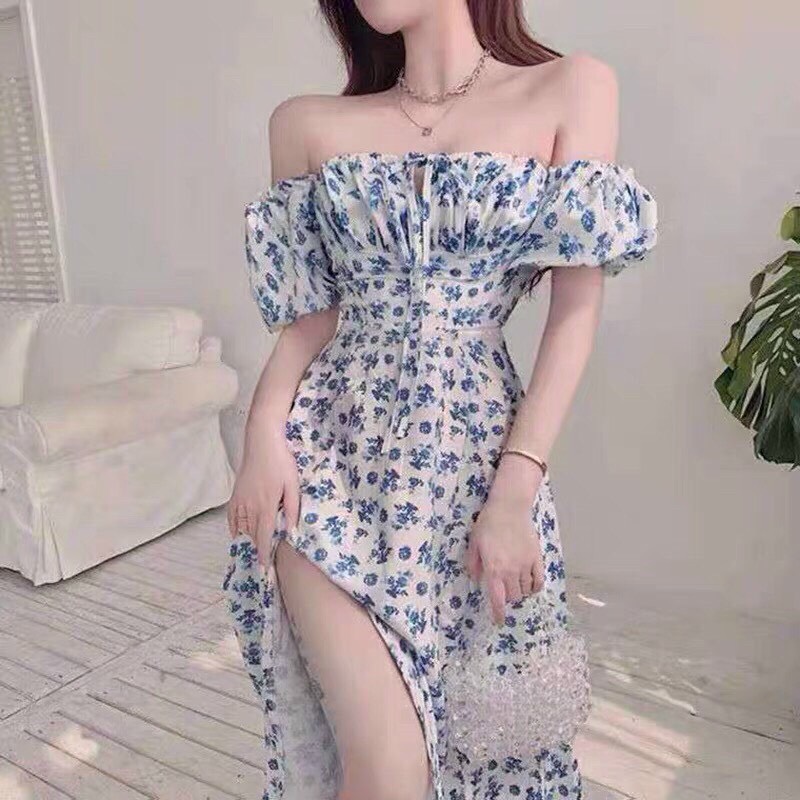 Đầm maxi, đầm hoa nhí xẻ tà, đầm tay phồng, đầm cổ vuông.Váy hoa màu xanh dài xẻ tà, váy cà phê kiểu Pháp. Đầm mùa hè, đầm maxi xẻ tà xếp nếp.