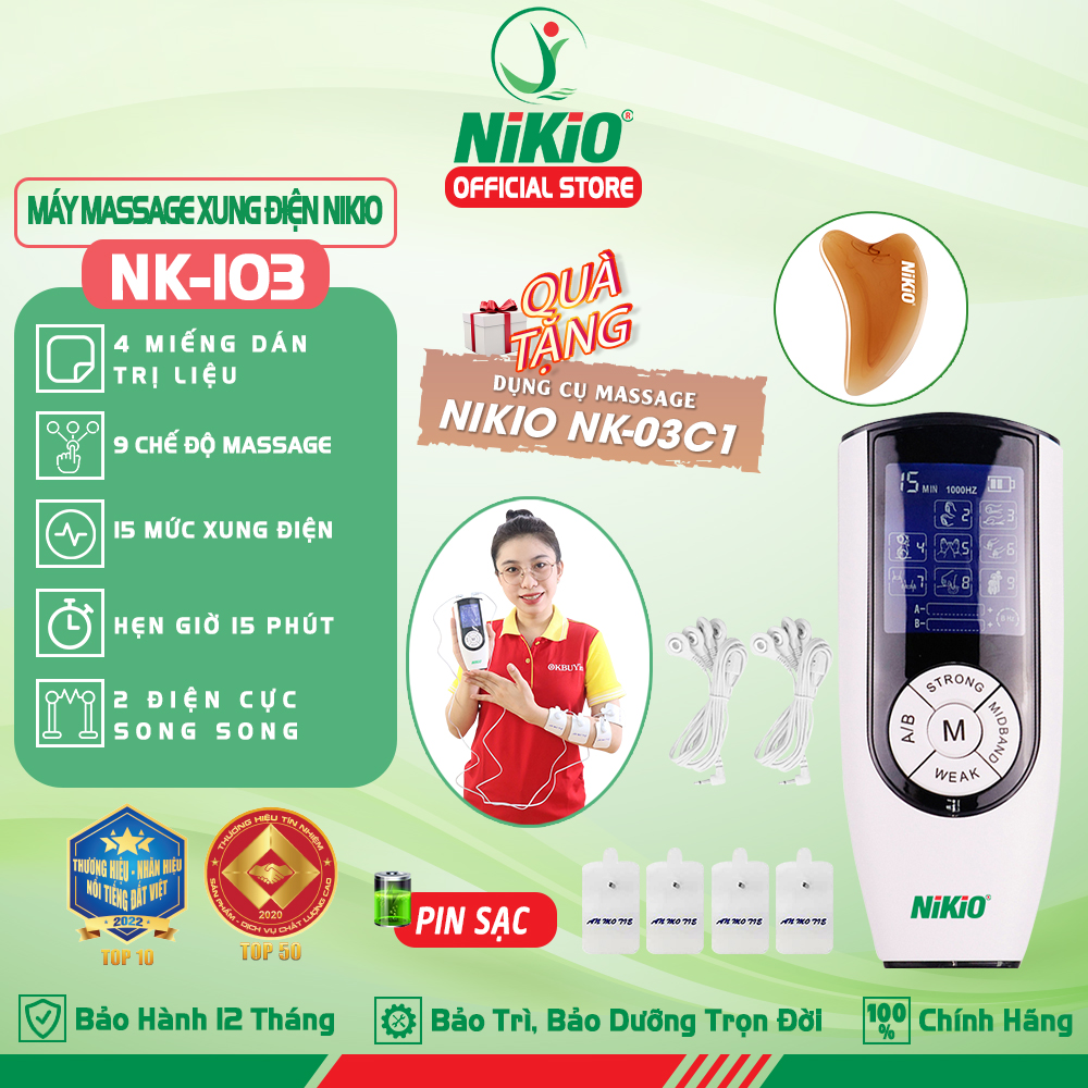 Máy massage xung điện 2 điện cực 4 miếng dán Nikio NK-103 - Pin sạc