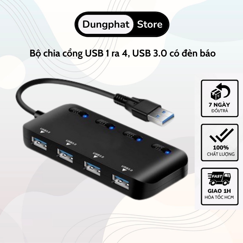 Hub chia cổng usb 3.0 ultra slim có công tắc - bộ chia cổng usb 1 ra 4 usb 3.0 có đèn báo