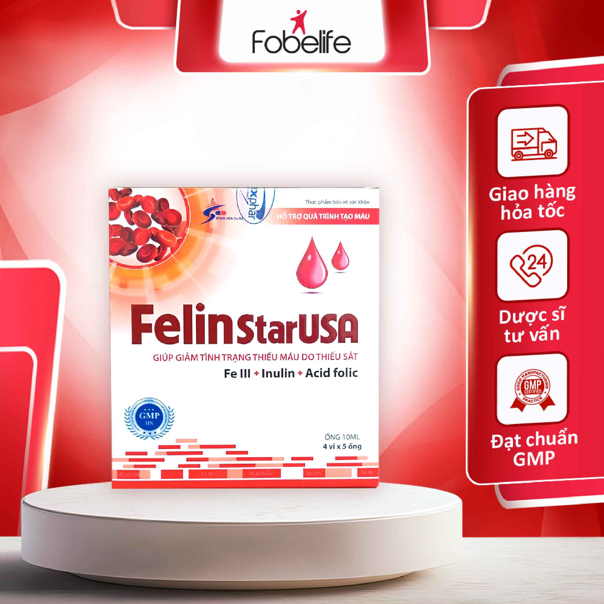Ống uống felin starusa bổ sung sắt, giảm thiếu máu do thiếu sắt - hộp 20 ống 10ml