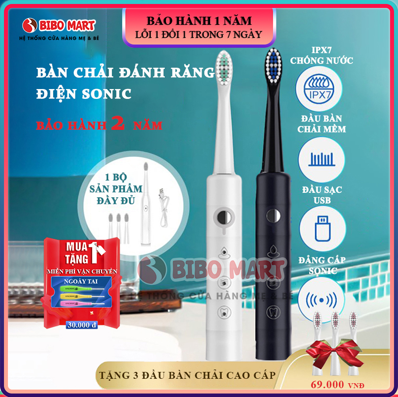 Bàn chải đánh răng điện Sonic thông minh, bản cao cấp chống thấm nước toàn thân, làm sạch 6 cấp độ, sử dụng sạc USB Tặng kèm 3 đầu bàn chải cao cấp Bảo hành 2 năm lỗi đổi mới trong 7 ngày