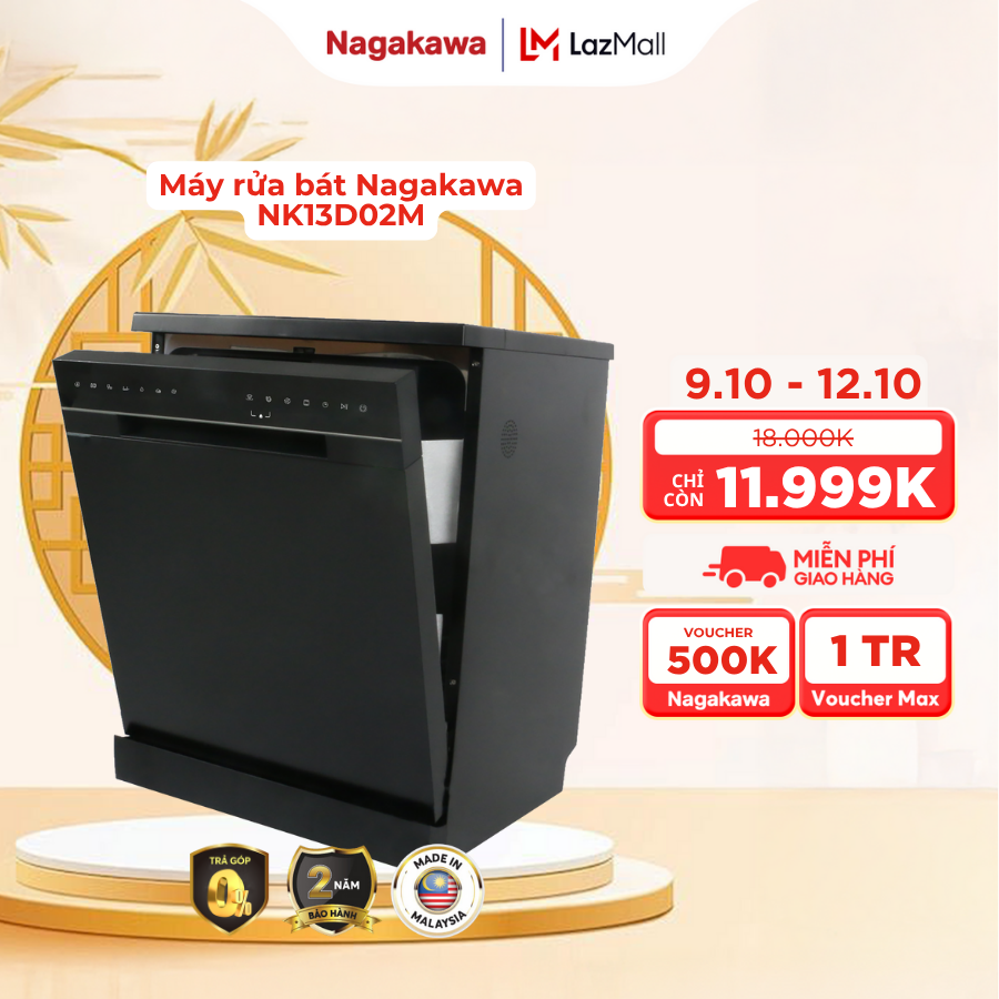 Máy rửa bát Nagakawa NK13D02M, dung tích 13-14 bộ bát đĩa, 6 chương trình rửa tiện tích, hiệu quả tiệt trùng gấp 2 lần, độ ồn thấp, vận hành êm ái