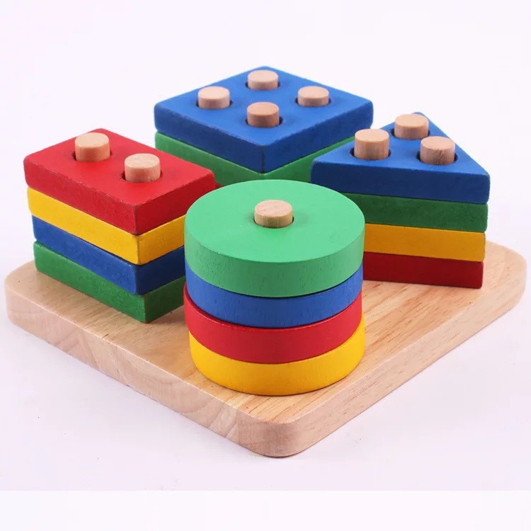 Đồ chơi gỗ khảm tự nhiên thả hình thông minh 4 trụ cho bé tập lắp ráp - Đồ chơi trí tuệ phát triển khả năng, an toàn cho bé