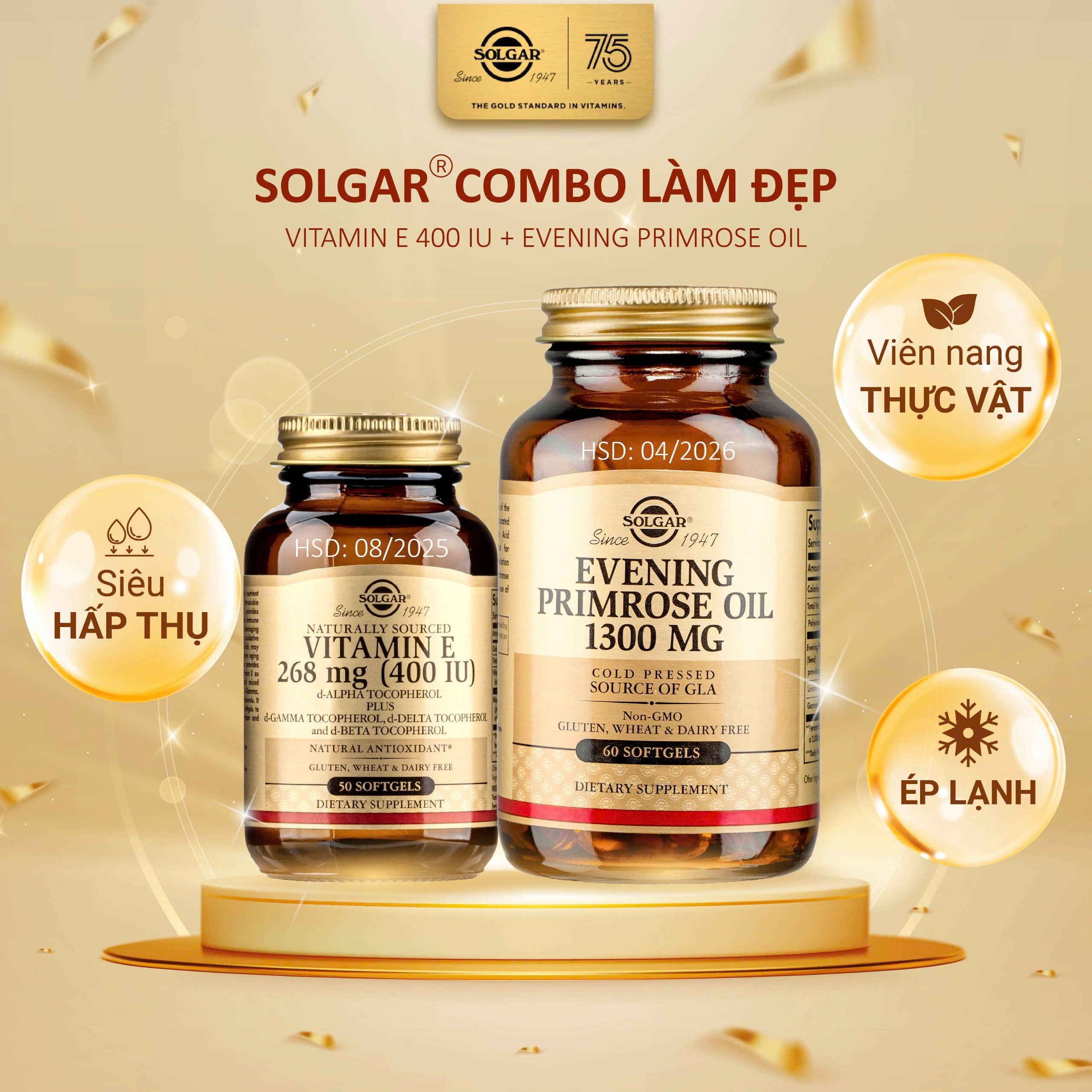 Combo Làm Đẹp - Solgar Vitamin E và Evening Primrose Oil - Cân bằng nội tiết tố nữ, dưỡng da bóng khỏe, mịn màng