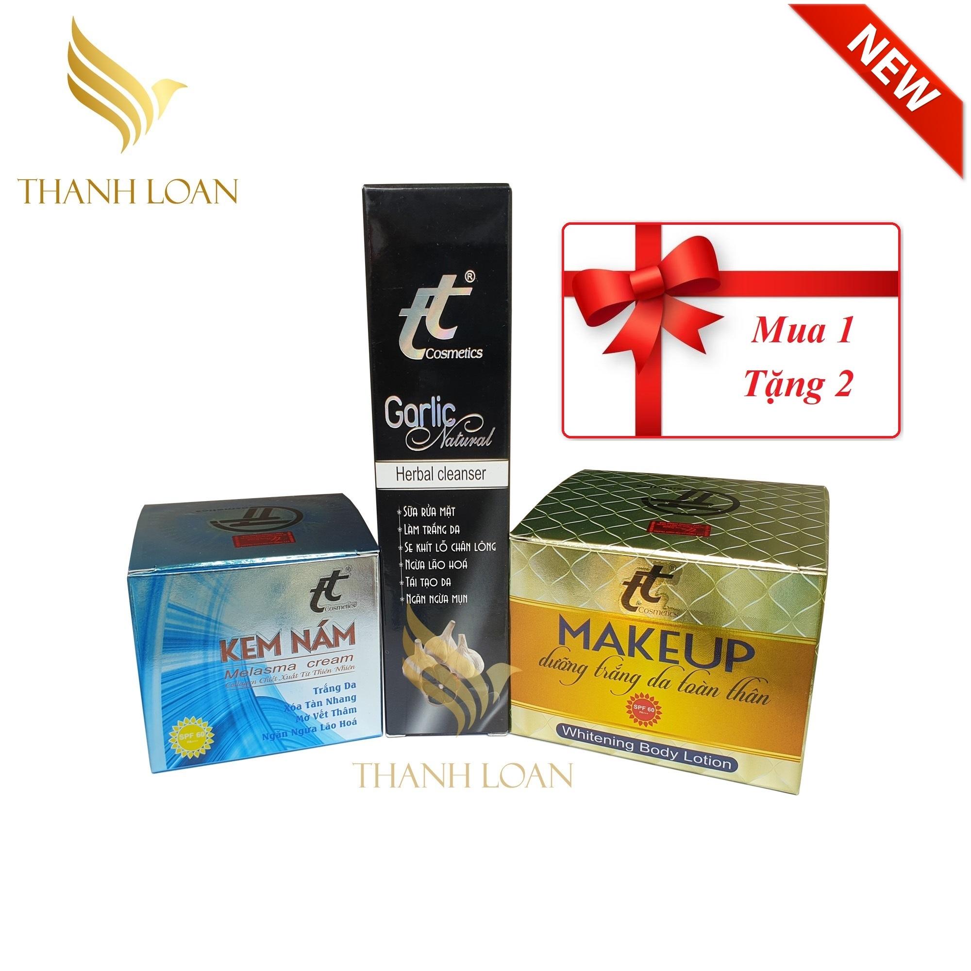Kem Nám, Trắng da, Xóa tàn nhang, Mờ Vết Thâm, Ngăn Ngừa Lão Hóa(30g)+ Tuýp Sữa Rửa mặt chiết xuất tinh chất tỏi đen(100g)+Kem dưỡng trắng da toàn thân Makeup (100g) - Thanh Loan - [Mua 1- Tặng 2 ]