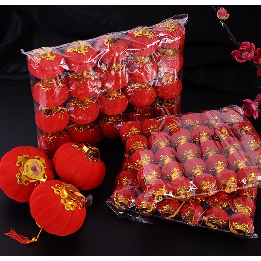5 chiếc Đèn lồng nhỏ xinh bọc nhung trang trí Tết- Quả cầu trang trí cây đào cây quất