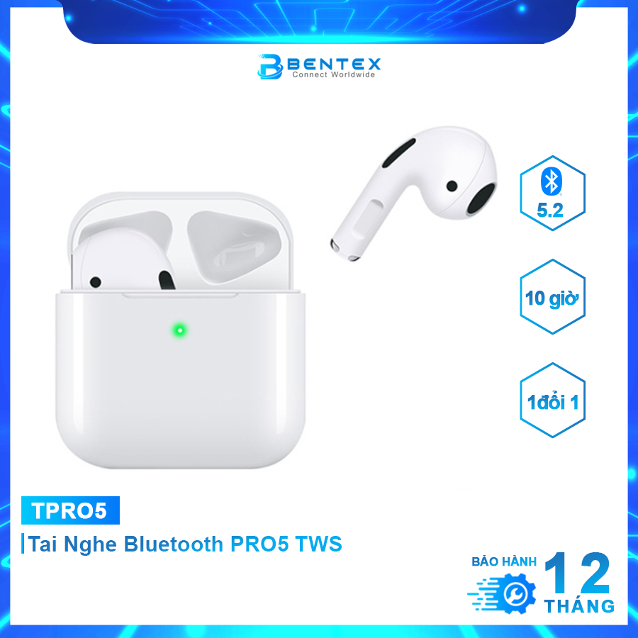 Tai Nghe Bluetooth Không Dây PRO5 TWS 5.2 Pin Dung Lượng Cao Tới 10h Âm Thanh Nghe Nhạc Chất Lượng Cao Bảo Hành 12 Tháng - BENTEX