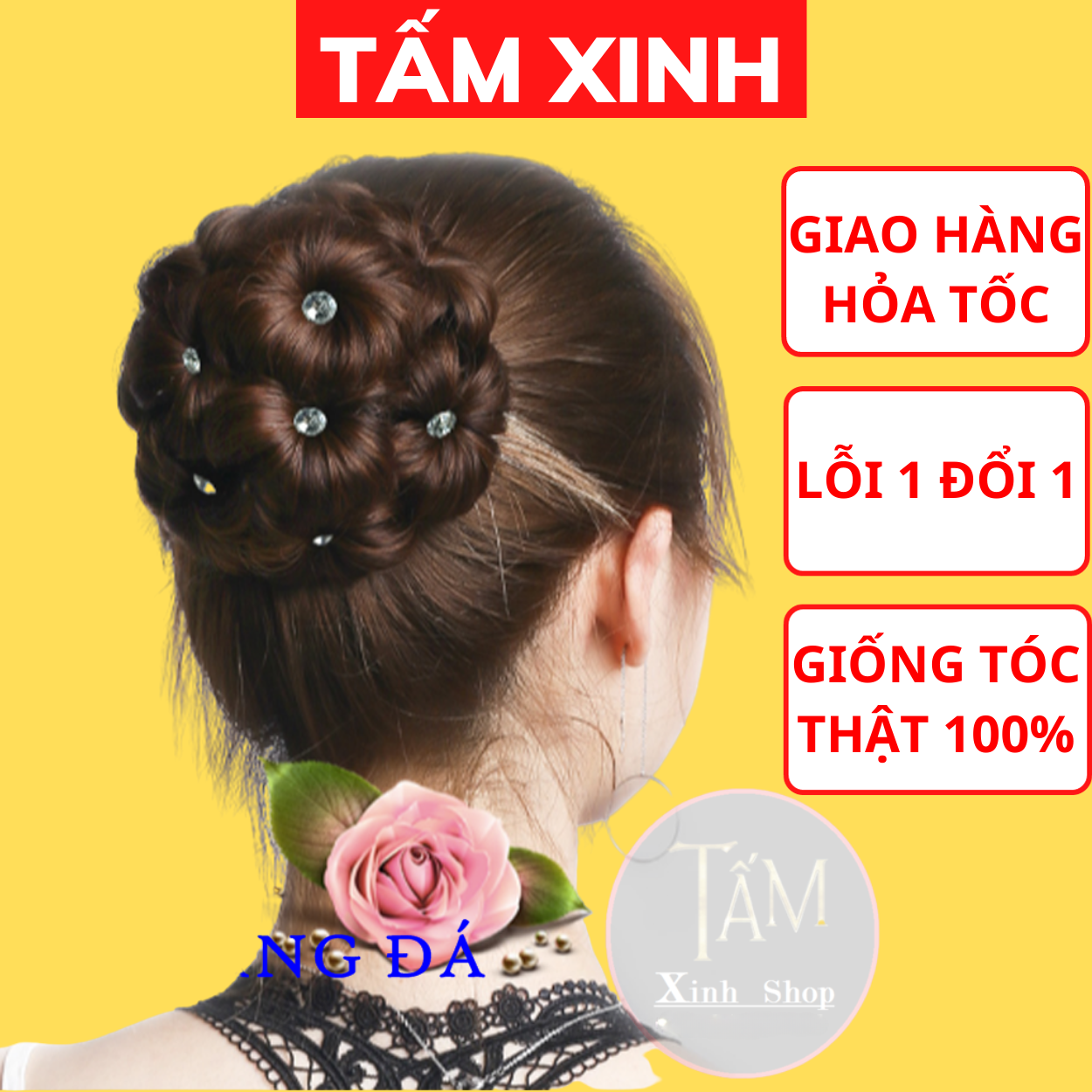 Búi tóc giả trung niên cao cấp dầy đẹp, tóc giả cổ trang BÚI HOA ĐÍNH ĐÁ