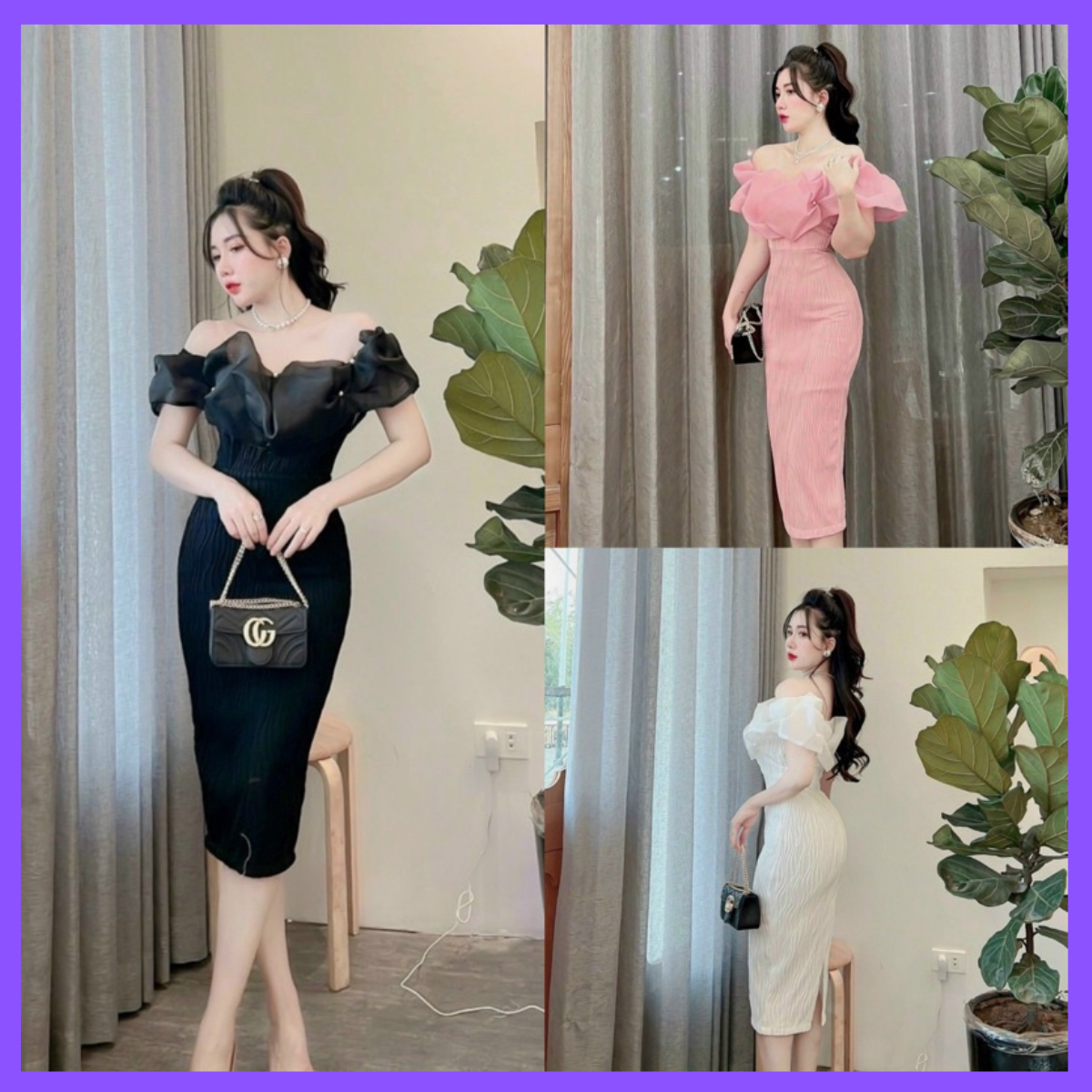 Váy dự tiệc trễ vai phồng, đầm thiết kế cao cấp đính ngọc ôm body dáng dài