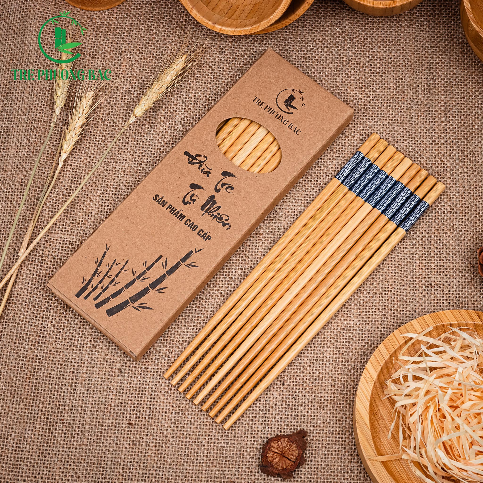 Hộp đũa gỗ tre viền xanh cao cấp - tre phương bắc