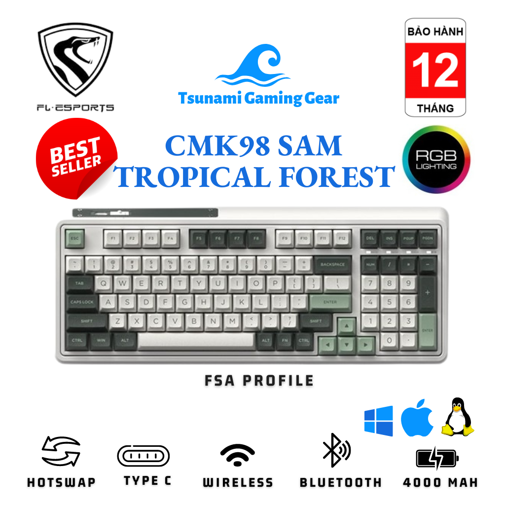 Bàn phím cơ FL-Esports CMK98 SAM Tropical Forest RGB/ Hotswap/ Bluetooth/ Wireless 2.4Ghz/ Type C