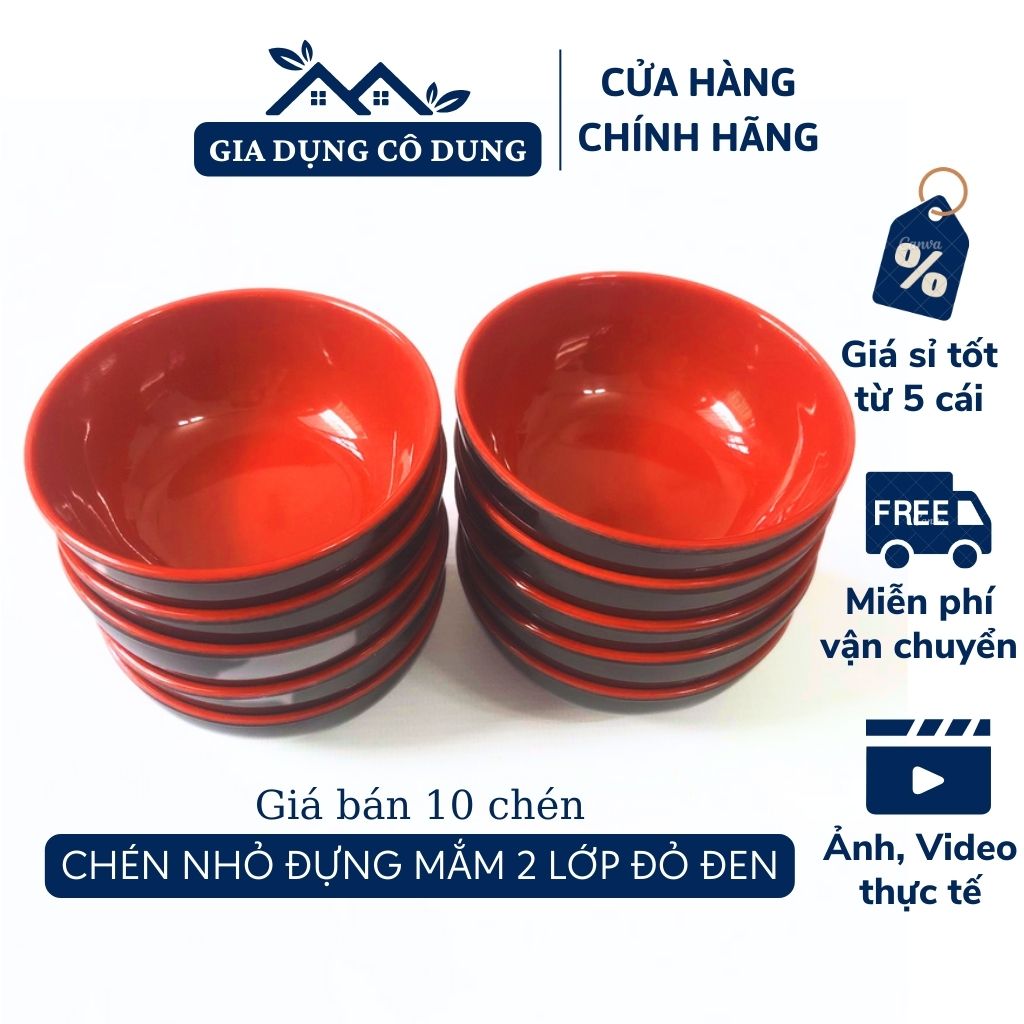 Bộ 10 chén chấm nhỏ đựng gia vị nhựa melamine cao cấp 2 lớp đỏ đen