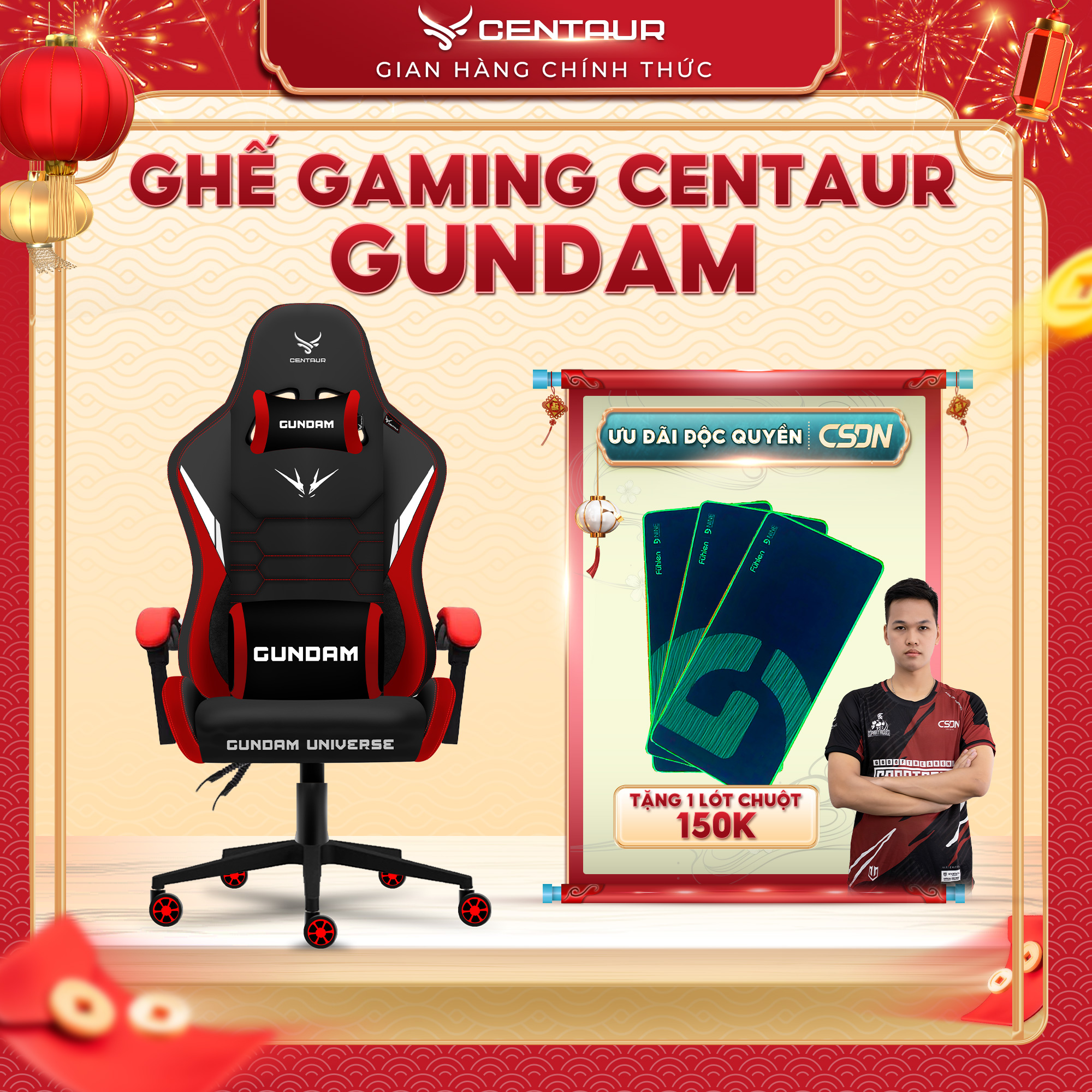 [ Tặng Lót Chuột ] Ghế Gaming Centaur Gundam | Khung chân kim loại, Da PU, Cơ ngả 135 độ - Centaur V