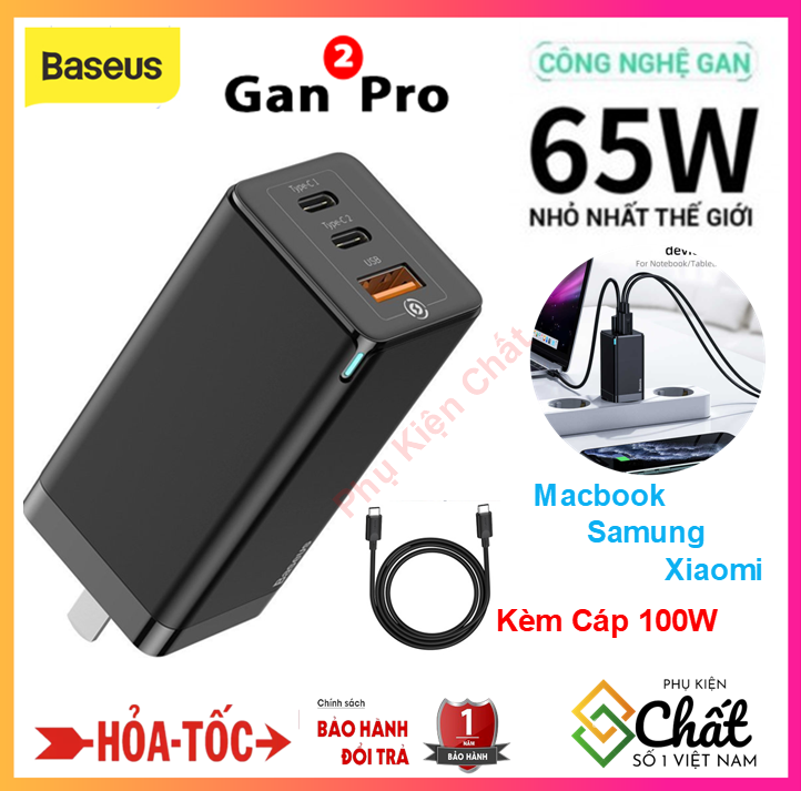 Bộ sạc nhanh 3 cổng baseus gan3 pro quick charger 65w (type cx2 + usb , pd3.0/ qc4.0 tương thích cho samsung , xiaomi