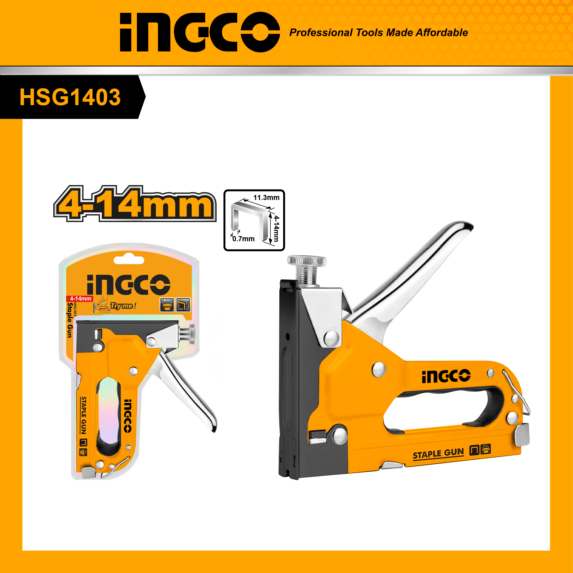 Kềm bấm ghim chữ U 4-14MM INGCO HSG1403 được làm từ kim loại cao cấp. Kềm bấm ghim Ingco thiết kế nhỏ họn dễ dàng bấm được 3 loại đinh