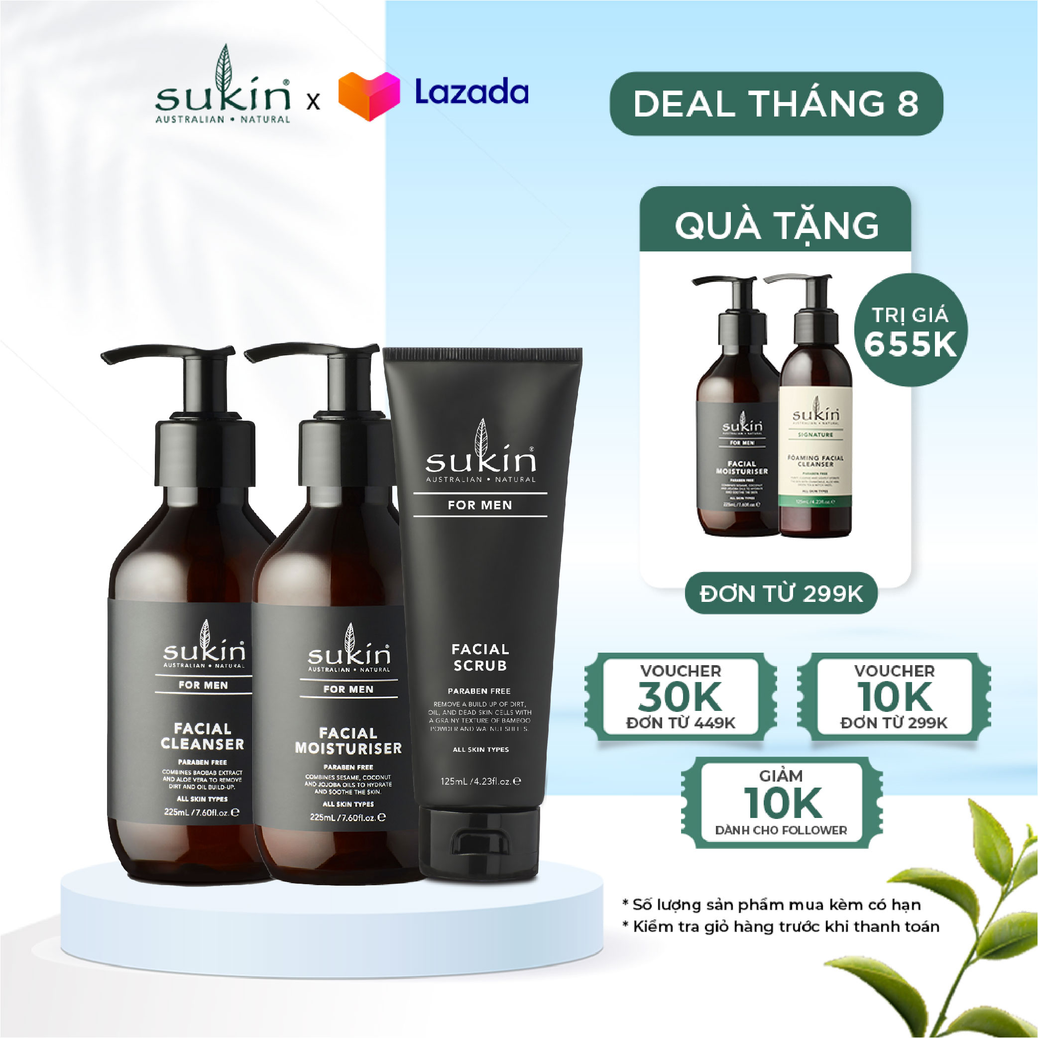 Bộ Chăm Da Chuyên Sâu Cho Nam Sukin For Men Facial Cleanser 225ml & Facial Moisturiser 225ml & Facial scrub 125ml