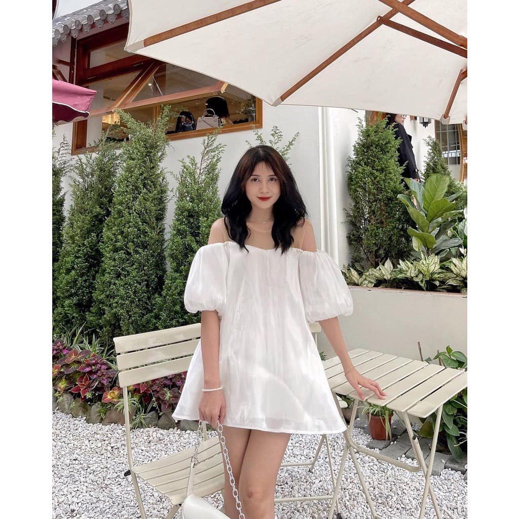 Áo babydoll tay bồng cổ lưới đính ngọc lót lụa