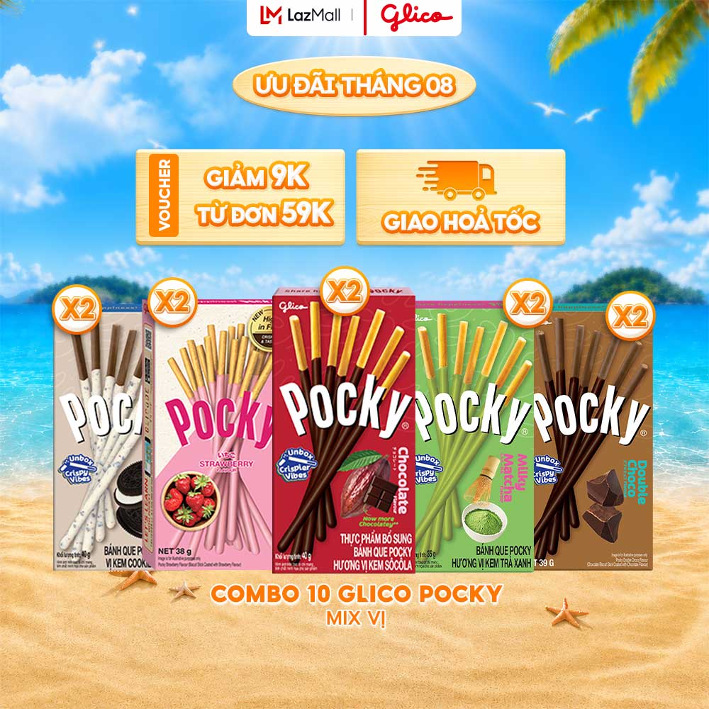 Combo 10 Hộp Bánh Que Phủ Kem Nhiều Vị Glico Pocky (00449_2 Cookie  Cream - 2 Matcha - 2 Sữa Hokkaido - 2 Double Choco - 2 Socola)