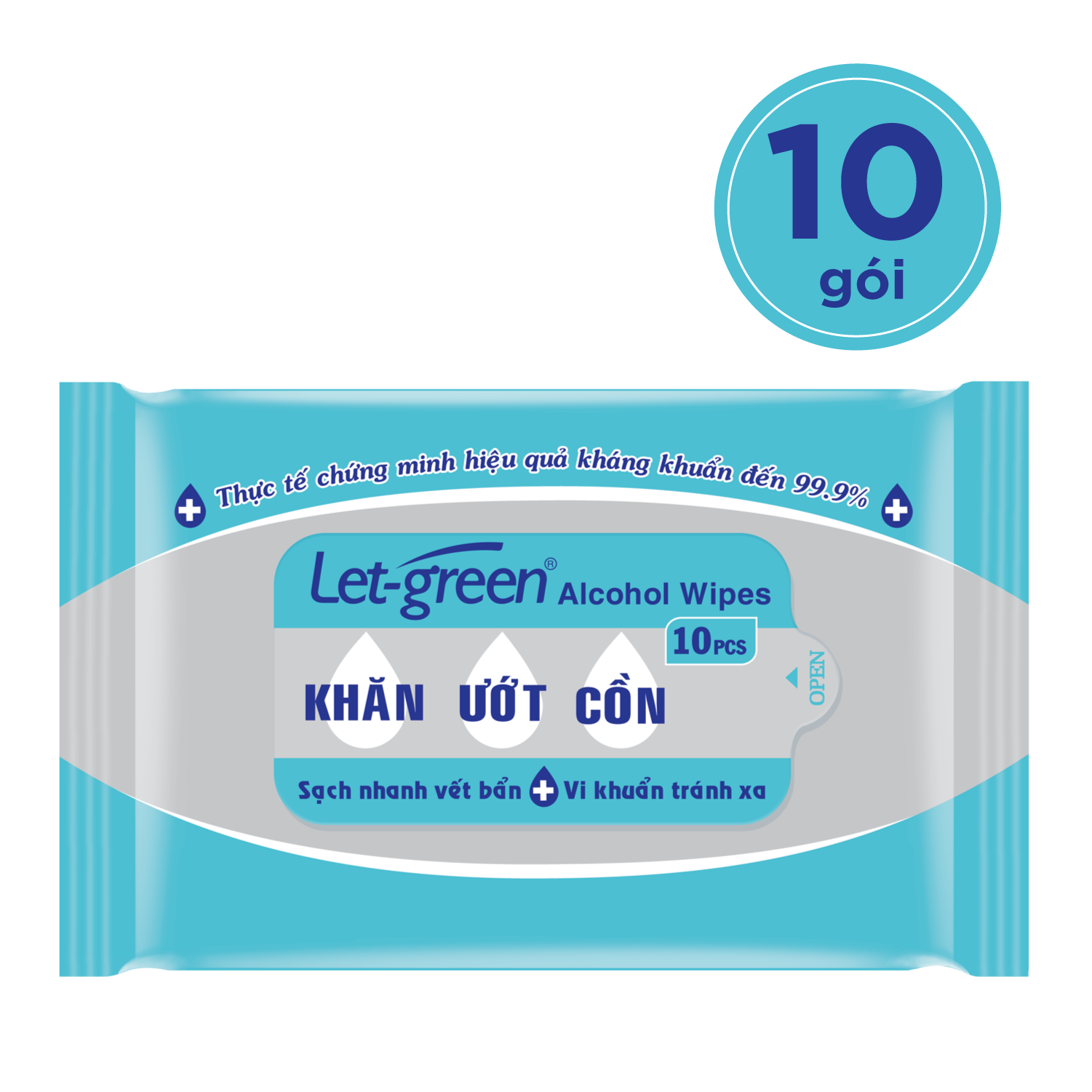 Combo 10 gói khăn ướt cồn let-green 10 miếng diệt khuẩn 99.9%