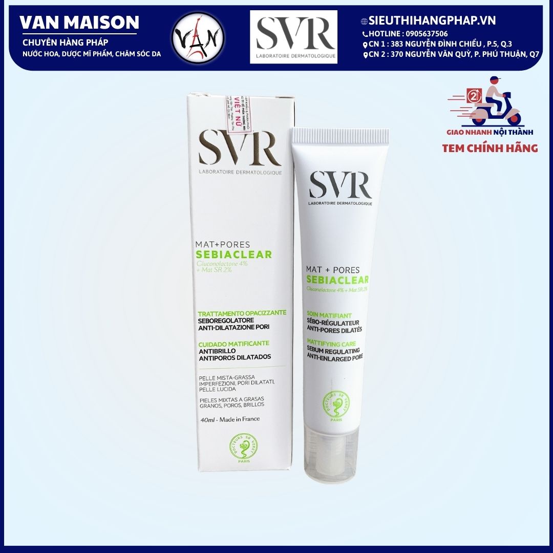 Kem dưỡng da giảm mụn kiềm dầu se khít lỗ chân lông SVR sebiaclear mat + pores 40ml