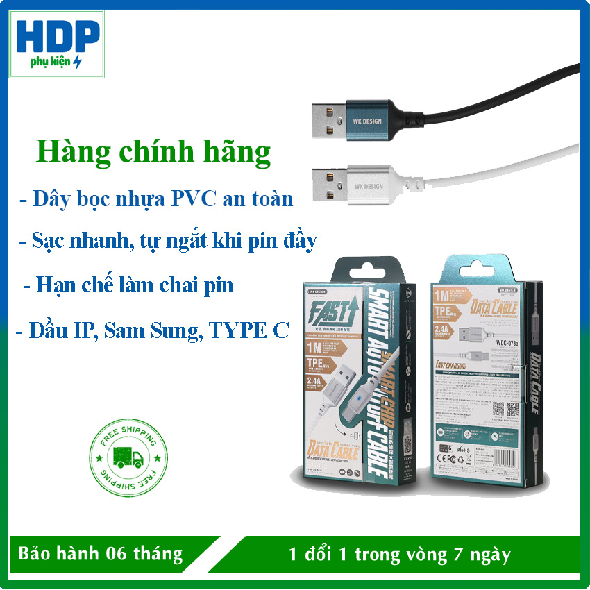 Cáp Sạc Tự Ngắt WKWDC 073-HUNGDP- Dây Sạc Tự Ngắt  Khi Pin Đầy, Chống Chai Pin, Chịu Được Dòng Sạc Lớn, Có Đèn Led Báo Hiệu, + Bọc Thép 2 Đầu Chống Đứt-Cáp Sạc Điện Thoại
