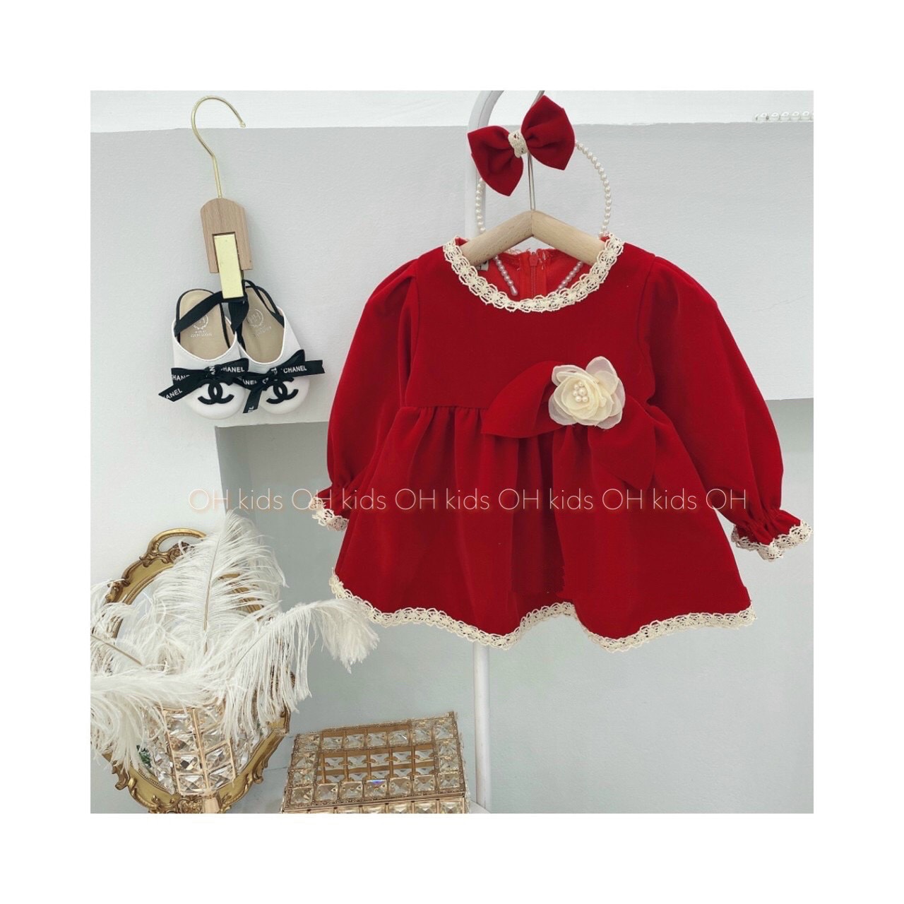 SET váy đỏ phối ren kèm nơ cho BG