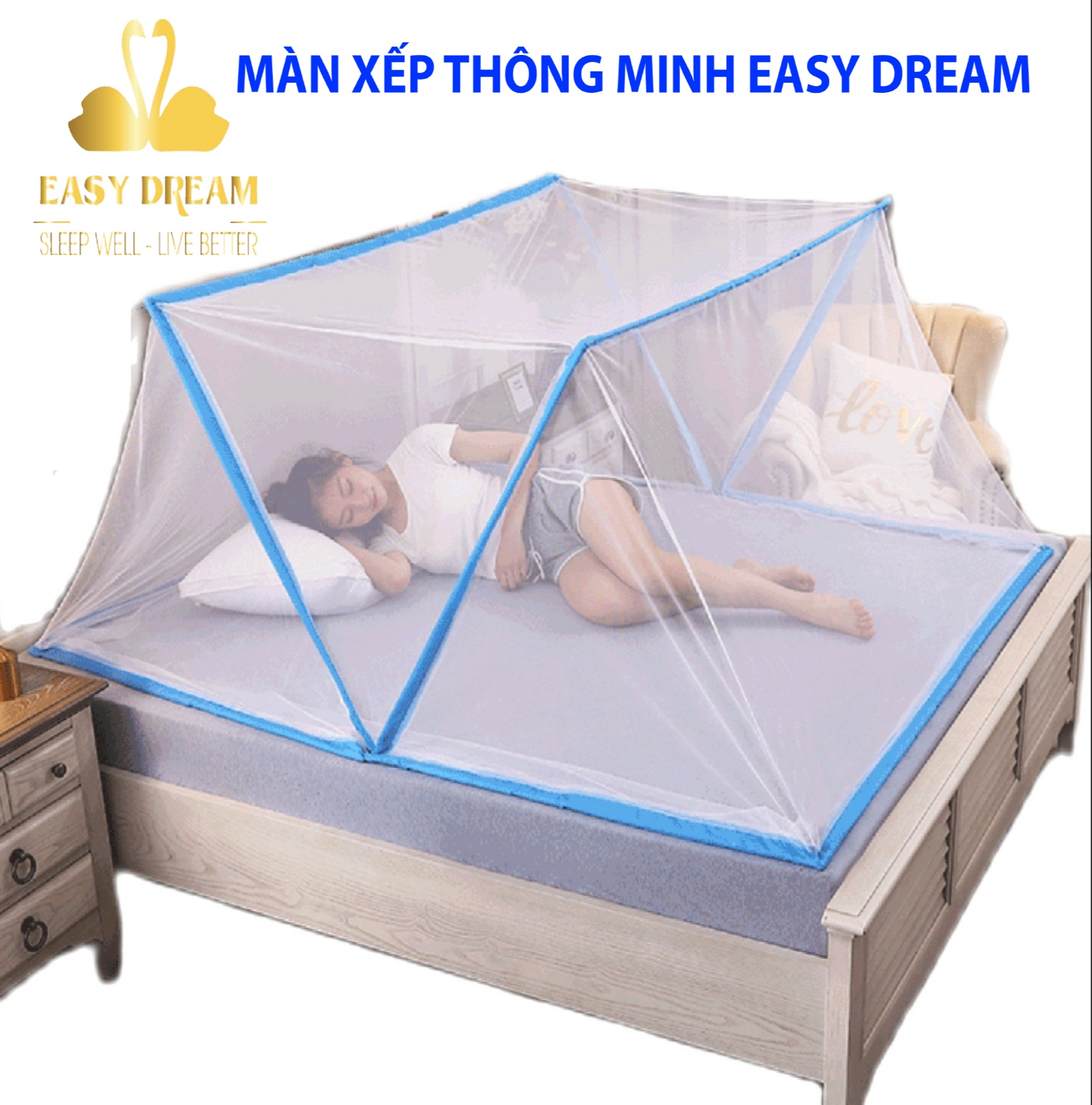 Màn chụp xếp thông minh người lớn,  mùng  ngủ tự bung  gấp gọn , Mùng Chụp Màn Chụp Tự Bung, Màn Ngủ người lớn, Màn ngủ chống muỗi Rộng 130cm dài 190 cao 80 cm  Lớn, Dễ dàng tiện lợi, bền đẹp ,mosquito Net Easy Dream