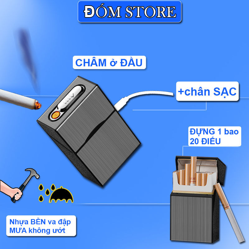 Hộp đựng thuốc lá tia lửa hồng ngoại đựng 20 điếu Focus đa năng đựng nguyên cả bao bằng kim loại tặng kèm dây sạc