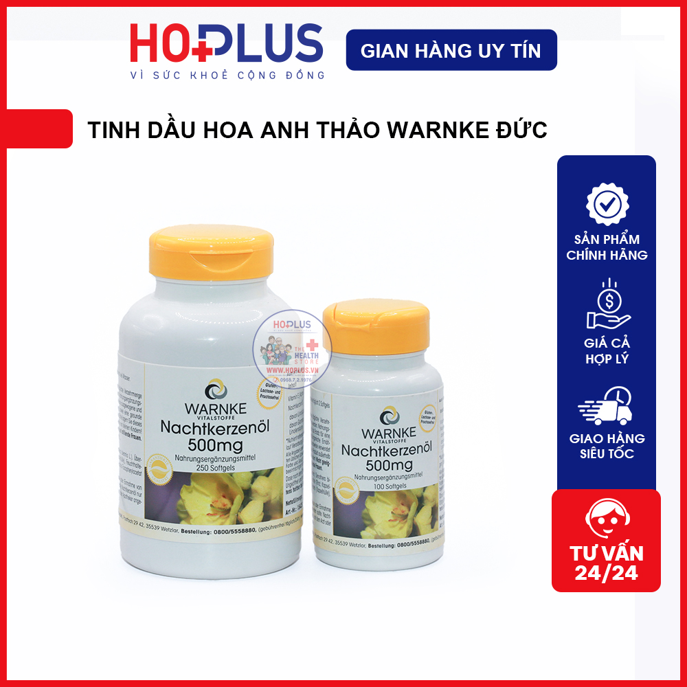 Tinh dầu hoa anh thảo Đức Warnke Nachtkerzenol 500mg 100v - 250v làm đẹp da tóc cân bằng nội tiết tố và tốt cho tim mạch - Hoplus