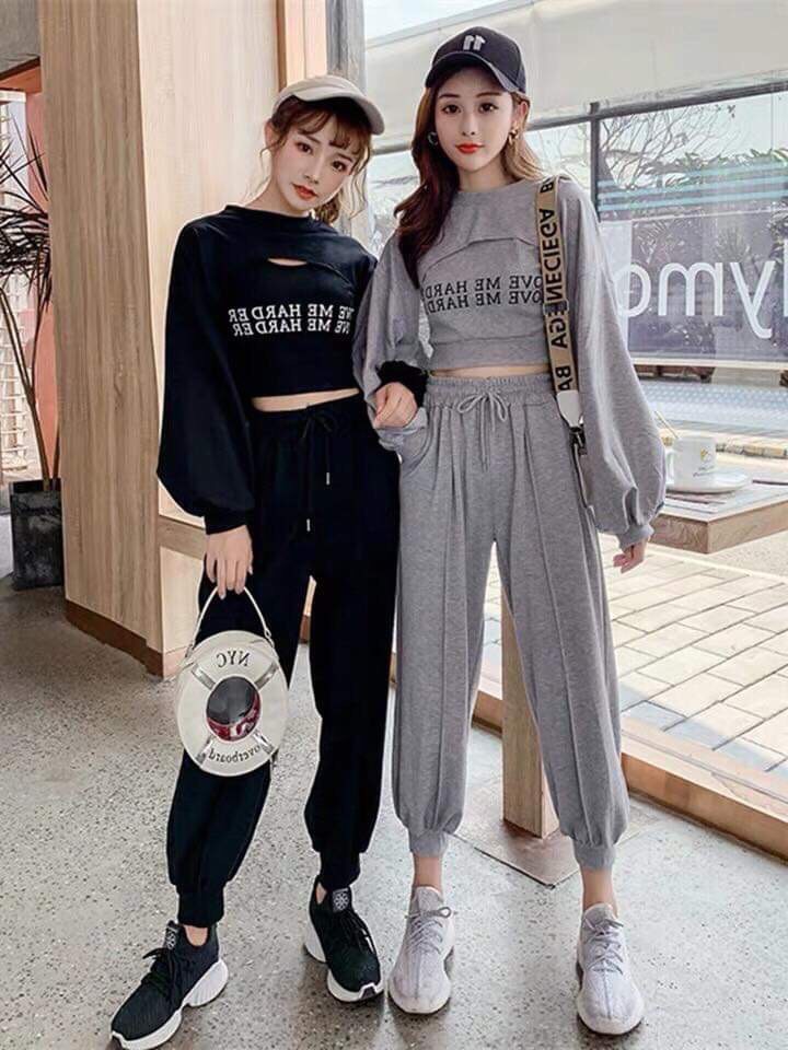 SÉT BỘ BA MÓN ÁO CROPTOP TAY DÀI QUẦN BO LAI ĐẸP PHONG CÁCH CÁ TÍNH - MTB
