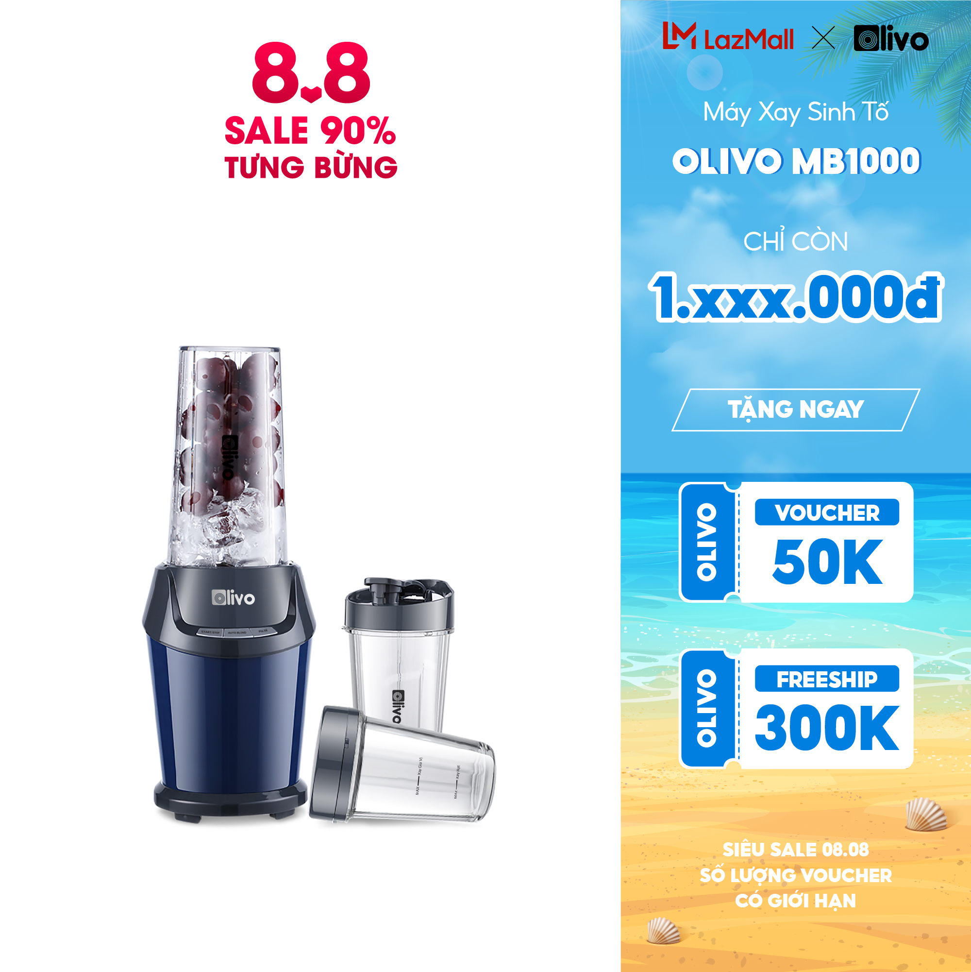 Máy xay sinh tố olivo mb1000 – ba cốc xay linh hoạt – xay đá bào, xay sinh tố, smoothie, đồ ăn dặm cho bé, xay đồ khô – công suất lớn 1000w
