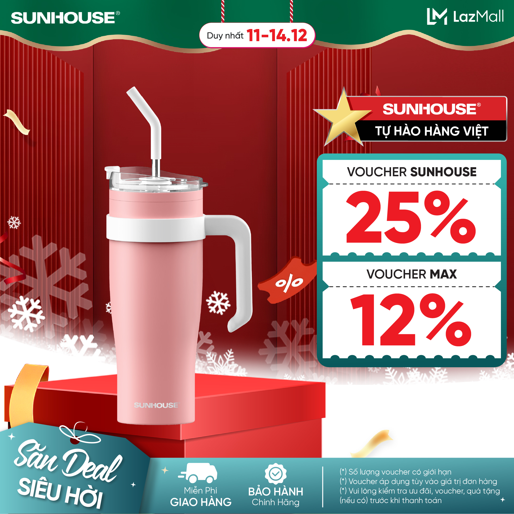 Bình giữ nhiệt Stay Hydrate 1200ml Sunhouse KS-TU1200SP - Inox 304 - Giữ nhiệt 6-8h - Ống hút tiện lợi