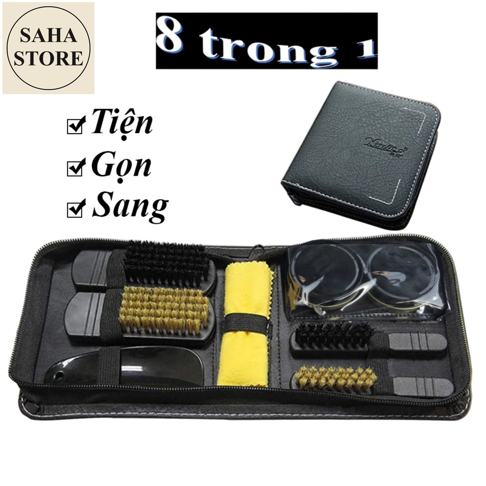 Bộ đánh giày đẹp sang gọn SAHA931 8 món bàn chải xi đen trắng bóng khăn cho giầy túi ví xách đồ da