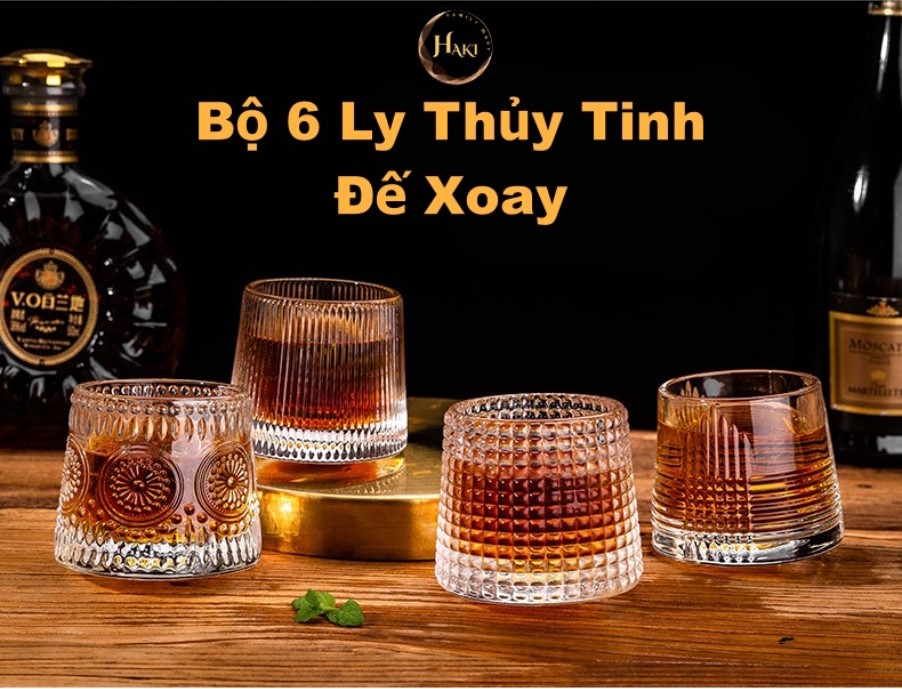 Ly uống rượu tây,Ly uống rượu vang,Ly uống rượu vang đỏ cao cấp,Mẫu ly uống rượu đẹp 6 chiếc đáy xoay, 6 ly WHISKEY sang trọng trên bàn tiệc.