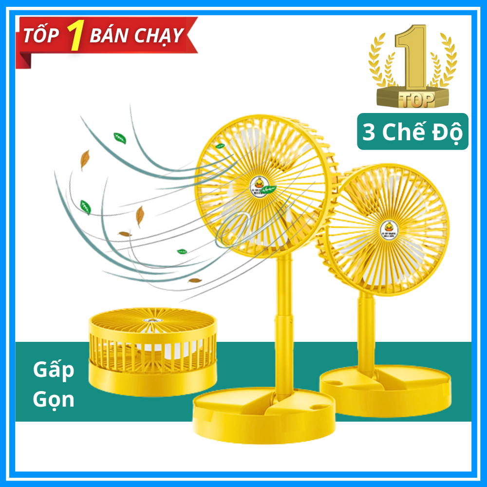 Quạt Sạc Tích Điện Gấp Gọn Vịt Vàng Quạt Mini Để Bàn Xoay 180 Độ 3 Tốc Độ Gió Cổng Sạc USB Pin 2000mAh Bảo Hành 12 Tháng