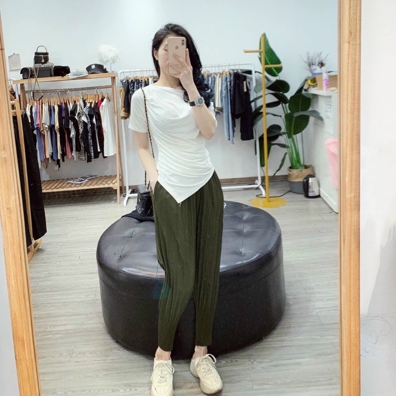 Áo thun dẻo rúm vạt nhọn cộc tay, Áo kiểu ngắn tay rúm bên lệch vai CS1411 - NhiNhi Shop