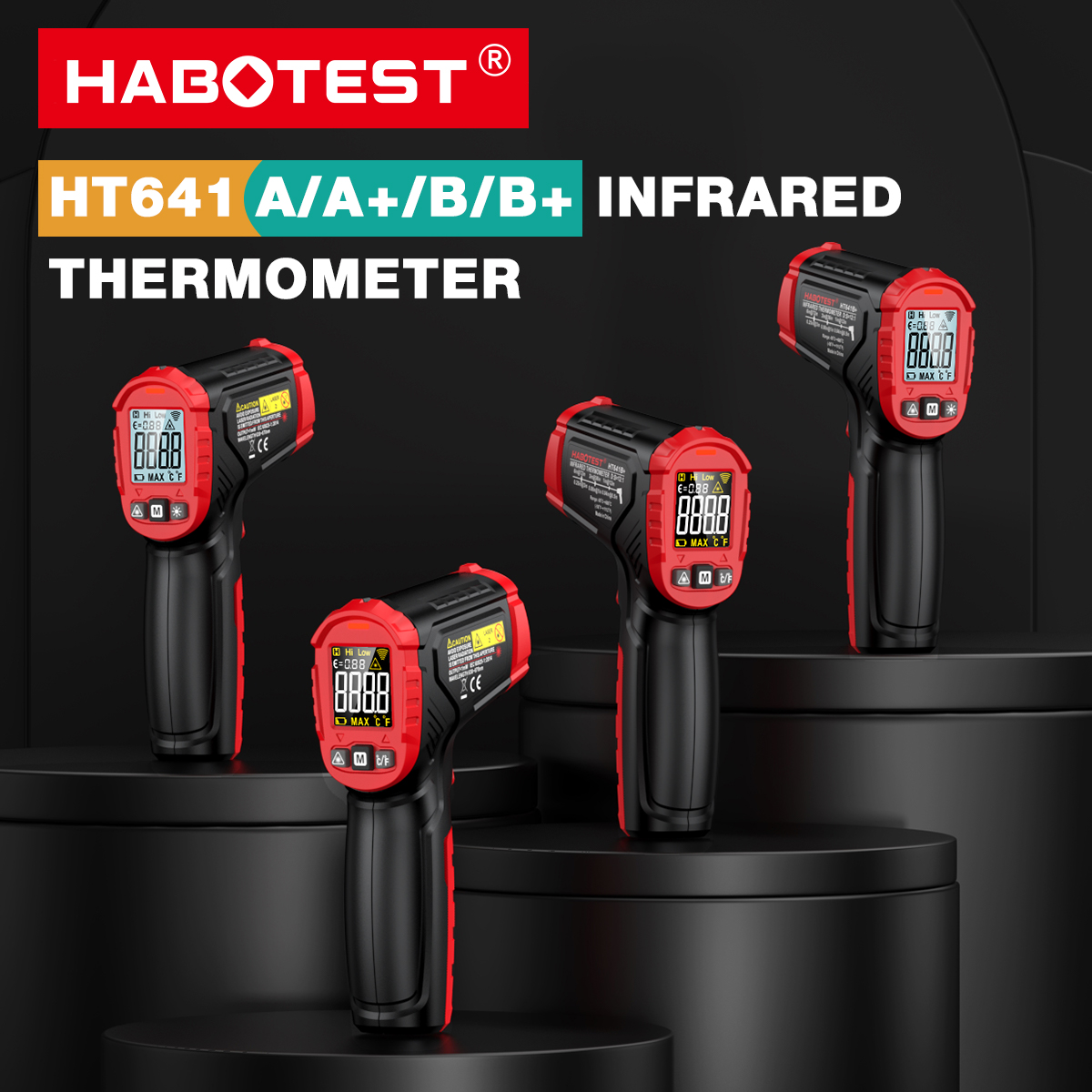 HABOTEST HT641A+ Infrared -58~1112°F Non-contact Digital Handheld Heat Temperature G-un IR L-aser Surface Temperature Meter with Emissivity for Industrial Cooking Grill