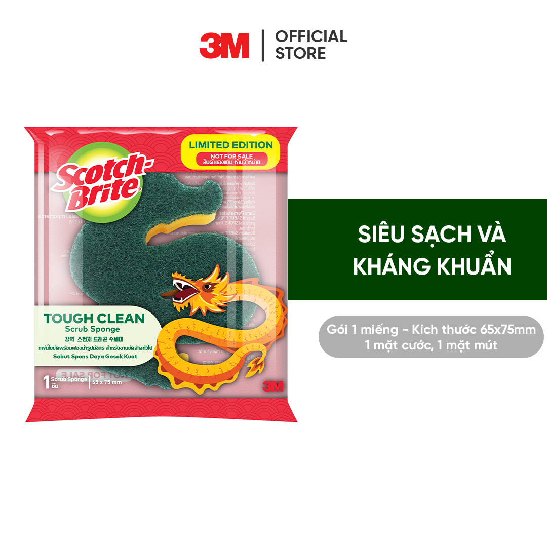 Cước rửa chén Scotch Brite® 3M™ hình Rồng phiên bản giới hạn, kháng khuẩn, 2 mặt chống trầy, gói 1 miếng, 65x75mm