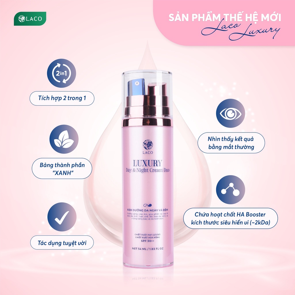 Hàng Chuẩn - Kem ngày đêm Laco Luxury - Kem dưỡng da ban ngày ban đêm - Trắng da nâng tone Chống nắng Giúp giảm thâm nám, đều màu da, ngăn ngừa lão hóa dùng được cho da dầu mụn nhạy cảm