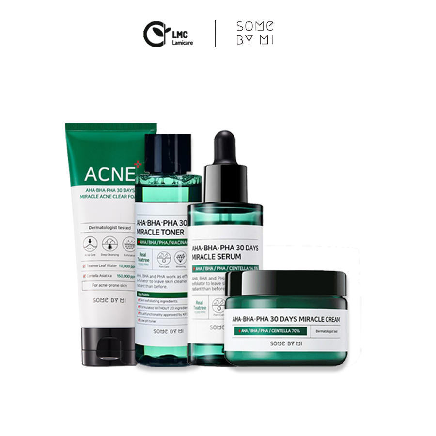 Bộ 4 sản phẩm dưỡng toàn diện cho da thâm mụn Some by mi AHA BHA PHA 30 days miracle cleanser, toner, serum, cream full size