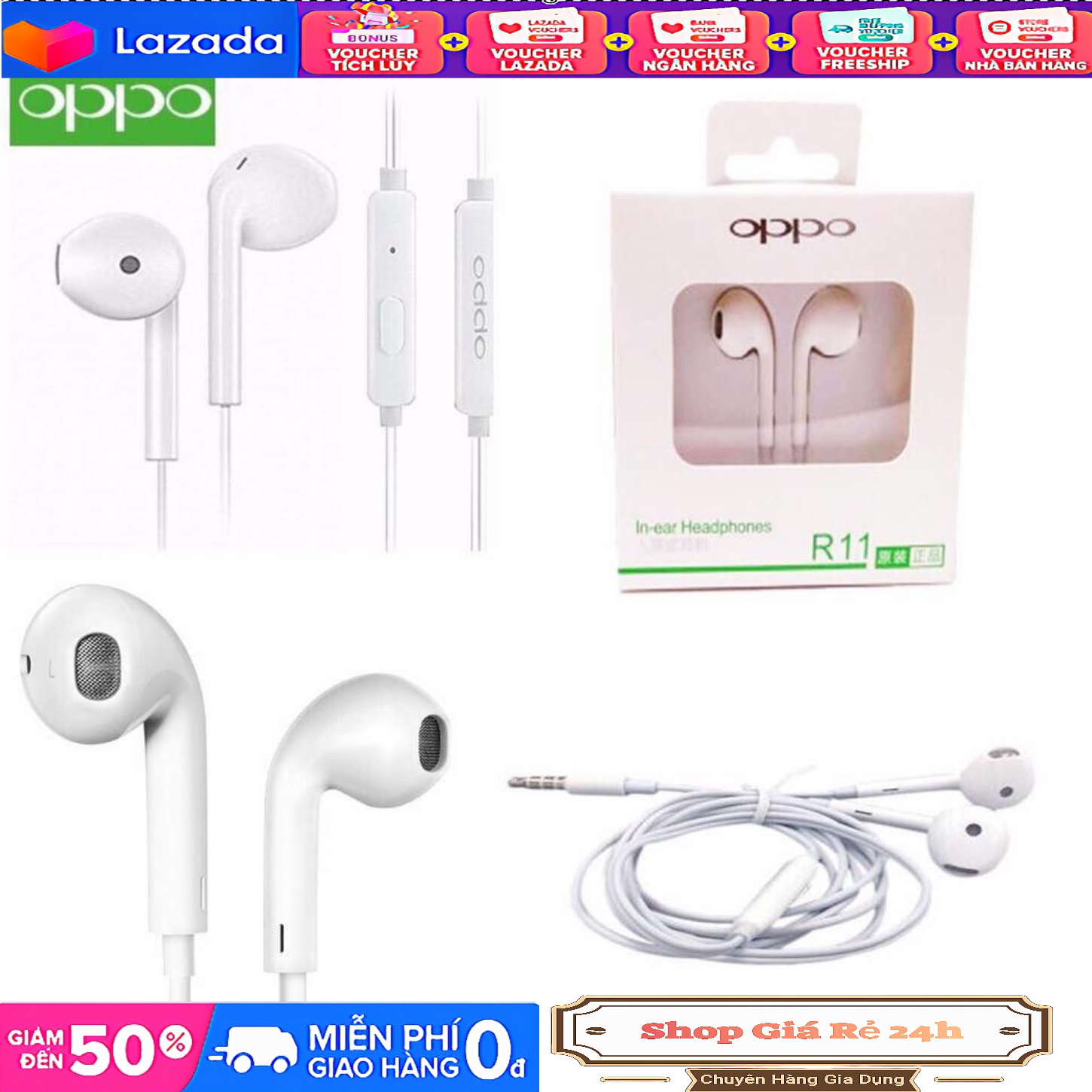 Tai nghe có dây OPPO R11 chính hãng thiết kế nhét tai có cổng 3.5mm