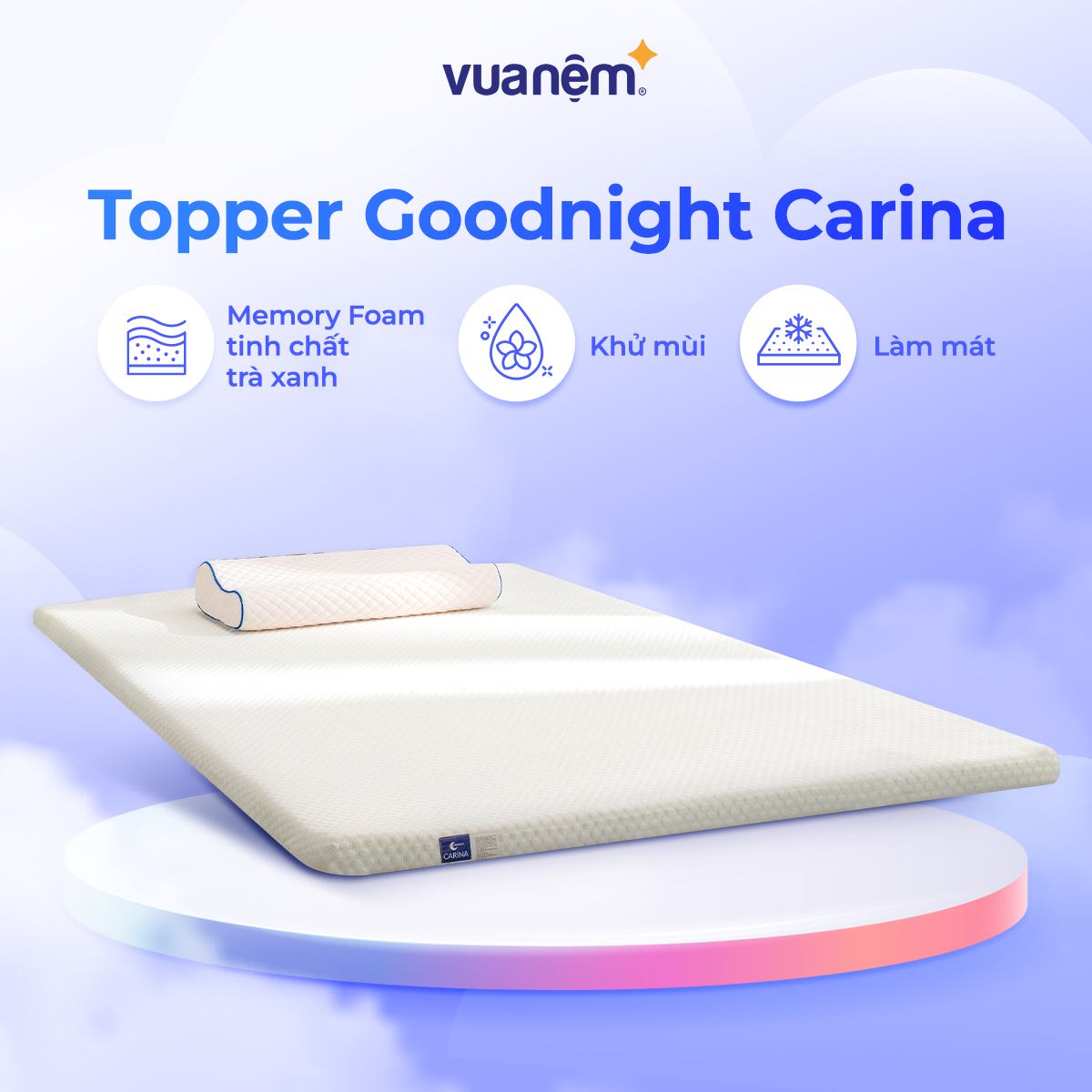 Topper memory foam trà xanh Goodnight Carina cao cấp, bọc vải tản nhiệt siêu mát, khử mùi kháng khuẩn hiệu quả