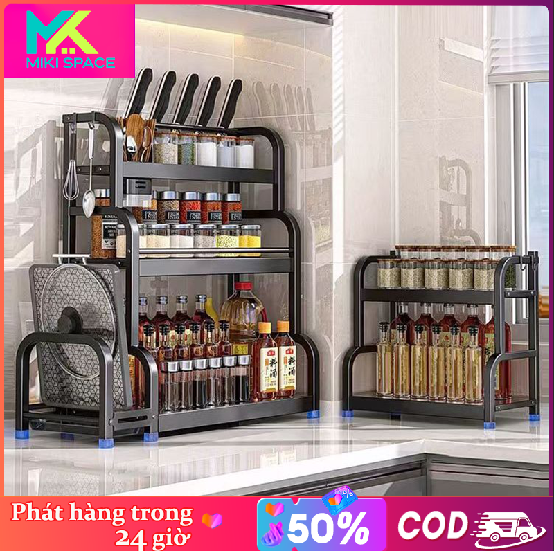 Kệ Đựng Gia Vị INOX thép kệ gia vị nhà bếp chất lượng cao 2/3 tầng Kệ  để đồ nhà bếp đa năng siêu bền, Tặng Kèm Khay Để Thớt, Cắm Dao Tiện Dụng