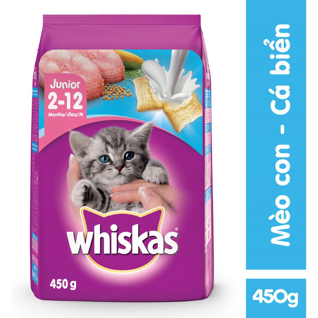 Hạt whiskas junior cho mèo con & mèo mẹ gói 450g vị cá biển