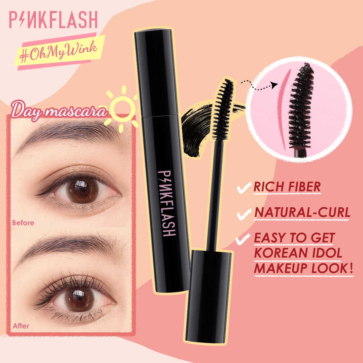 FOCALLURE Mascara PINKFLASH giúp làm dày mi tự nhiên và chống thấm nước, dùng được vào cả ban ngày và ban đêm - INTL